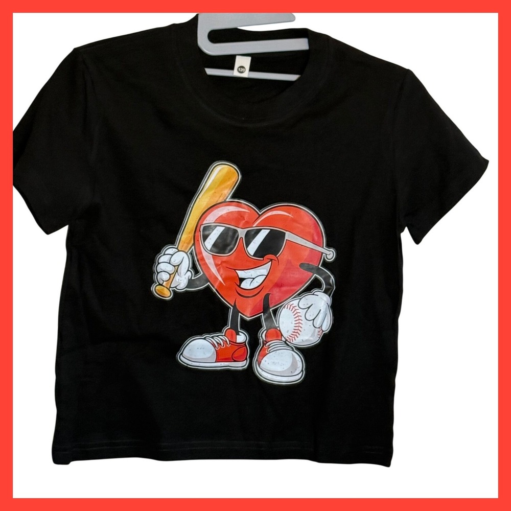 Black Graphic Baseball Heart T-Shirt Kids Size 120 Short Sleeve Crewneck